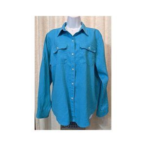 AMERICAN LIVING Blouse XL 100% Linen Blue Roll-Tab